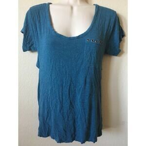 Solemio Blue Green Loose Open Back Short Sleeve Women's Blouse Top Size S